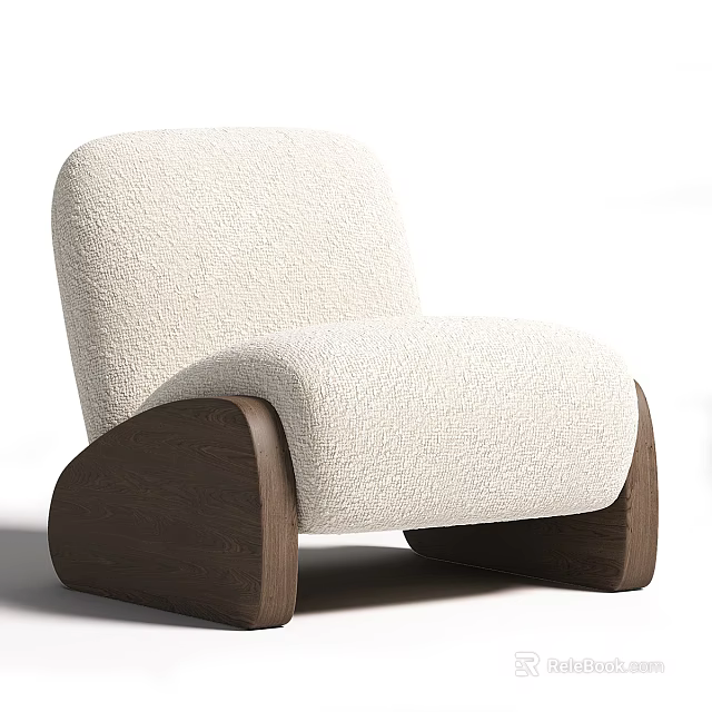 Modern Accent Chair with Cream Fuzzy Fabric and Dark Brown Wooden Base in Contemporary Design 3d model 