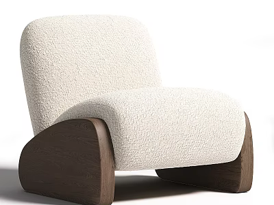 Modern Accent Chair with Cream Fuzzy Fabric and Dark Brown Wooden Base in Contemporary Design 3d model