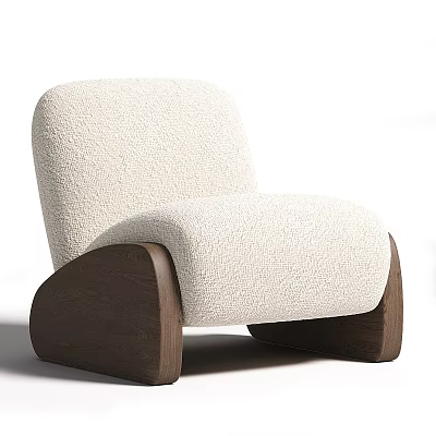 Modern Accent Chair with Cream Fuzzy Fabric and Dark Brown Wooden Base in Contemporary Design 3d model