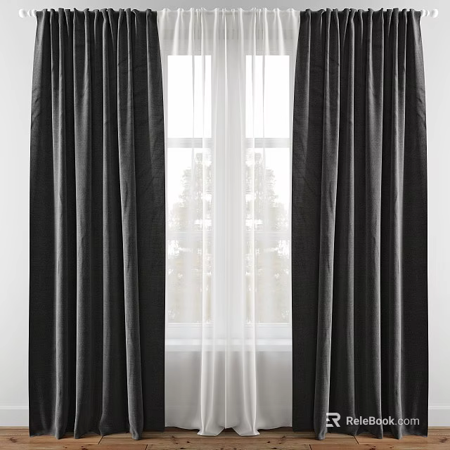 Dark Curtains With White Sheer Panels For Window Light And Trees View 3d model