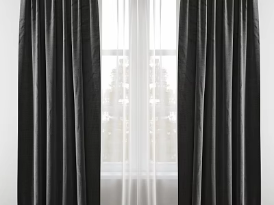 Dark Curtains With White Sheer Panels For Window Light And Trees View 3d model