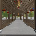 Traditional Chinese Garden Landscape featuring Wooden Pavilion Red Lanterns Trees and Starry Night Sky