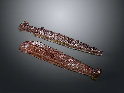 Ancient Carved Metal Sculptures With Intricate Engraved Sword Shaped Design 3d model