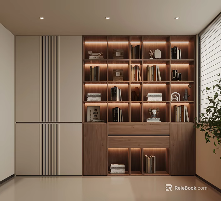 Modern Minimalist Wooden Bookshelf With Recessed Ambient Lights And Multi Functional Home Storage Cabinets 3d model 
