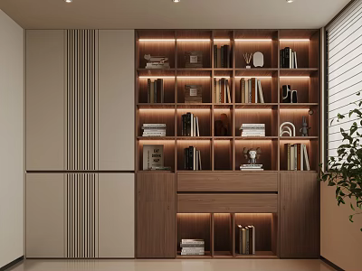 Modern Minimalist Wooden Bookshelf With Recessed Ambient Lights And Multi Functional Home Storage Cabinets 3d model