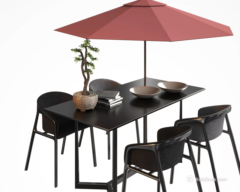 Black Outdoor Table with Red Umbrella Potted Small Tree Books and Bowls 3d model 