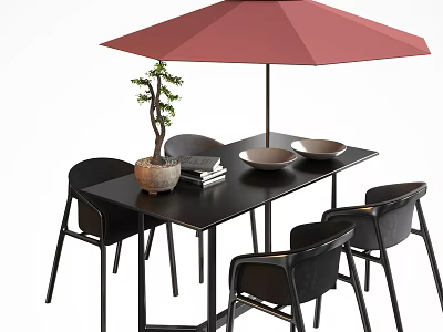 Black Outdoor Table with Red Umbrella Potted Small Tree Books and Bowls 3d model