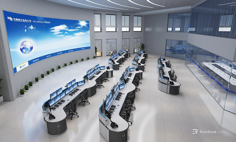 Modern Monitoring Room With Console Desks Monitors Large Screen And Plants 3d model 