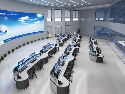 Modern Monitoring Room With Console Desks Monitors Large Screen And Plants 3d model