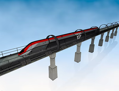 High Speed Train With Red And Silver Exterior Running On Elevated Bridge Under Blue Sky 3d model