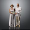Elderly Couple Holding Hands Woman In White Dress With Bouquet Man In White Shirt