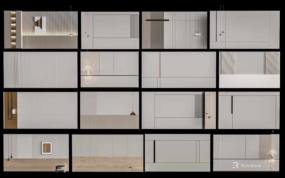 Modern Minimalist Bedroom Accent Wall Designs With Light Colored Panels And Wooden Accents 3d model 