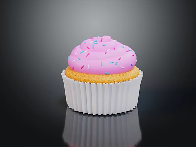 Sweet Cupcake Featuring Pink Frosting Colorful Sprinkles in White Paper Liner on Black Background 3d model