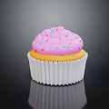 Sweet Cupcake Featuring Pink Frosting Colorful Sprinkles in White Paper Liner on Black Background