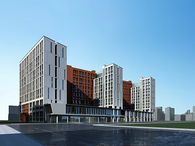 Multiple Modern Office Buildings With White And Orange Facades And Glass Curtain Walls 3d model