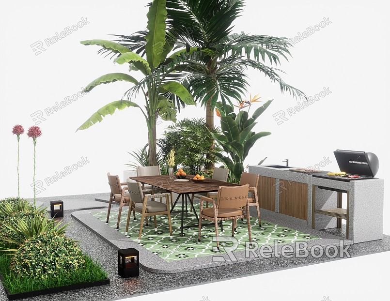 Cream style courtyard landscape outdoor table and chair combination console barbecue table plants and flowers model