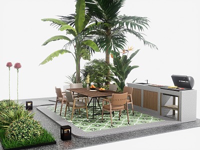 Cream style courtyard landscape outdoor table and chair combination console barbecue table plants and flowers model