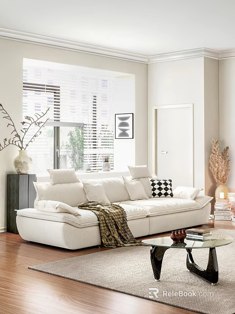 White Sectional Sofa In Modern Living Room With Throw Pillows Blanket And Window Blinds 3d model 