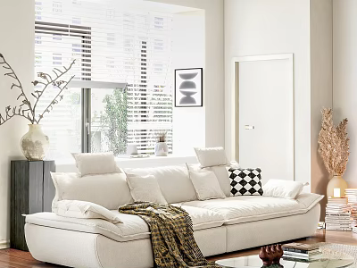 White Sectional Sofa In Modern Living Room With Throw Pillows Blanket And Window Blinds 3d model