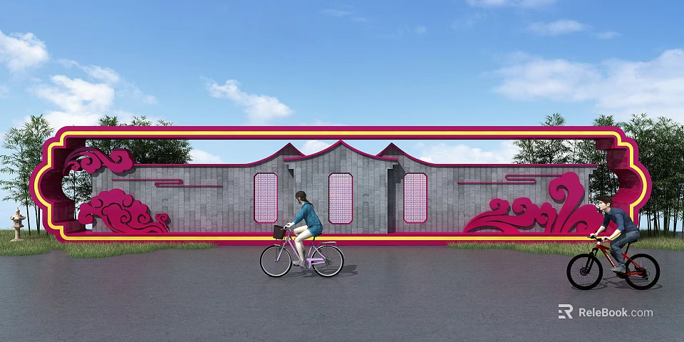 Traditional Style Landscape Sculpture With Red Cloud Patterns Pink Windows And Blue Sky Background 3d model 
