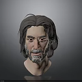 Man with Long Hair and Beard 3D Head Model on Gray Background