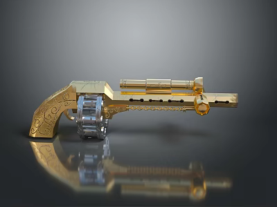 Golden Decorative Pistol Weapon With Intricate Carvings Chain Gear Mechanism And Shiny Metallic Finish 3d model