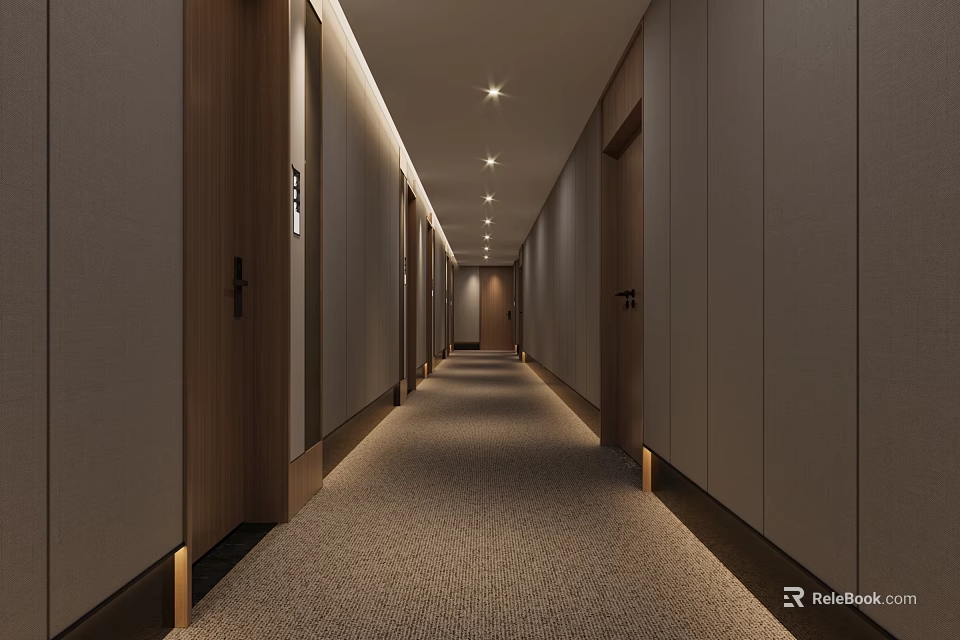 Hotel Corridor Long Passage With Carpeted Floor Recessed Ceiling Lights And Side Doors 3d model 