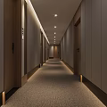 Hotel Corridor Long Passage With Carpeted Floor Recessed Ceiling Lights And Side Doors