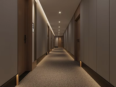 Hotel Corridor Long Passage With Carpeted Floor Recessed Ceiling Lights And Side Doors 3d model