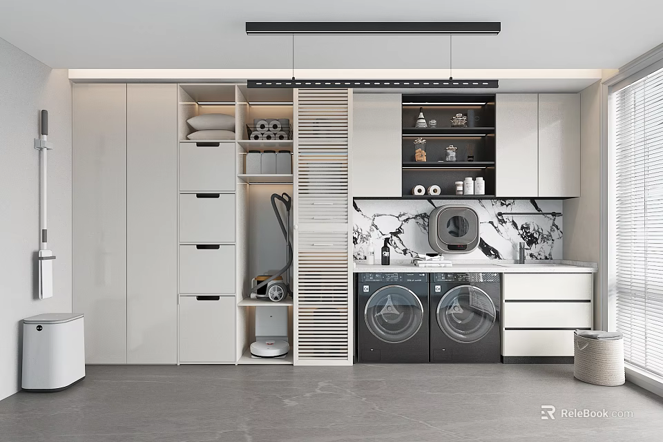 Home Balcony Laundry Space With Washing Machines Storage Cabinets Marble Backsplash And Gray Flooring 3d model 