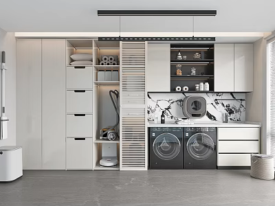 Home Balcony Laundry Space With Washing Machines Storage Cabinets Marble Backsplash And Gray Flooring 3d model