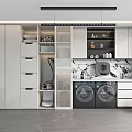 Home Balcony Laundry Space With Washing Machines Storage Cabinets Marble Backsplash And Gray Flooring