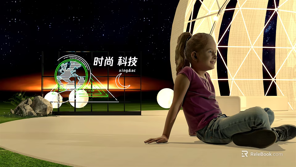Young Girl Sitting On Floor In Fashion Tech Scene With Starry Sky And Geometric Structure 3d model 