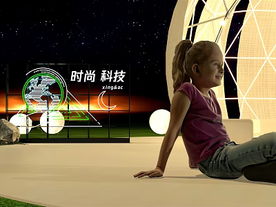 Young Girl Sitting On Floor In Fashion Tech Scene With Starry Sky And Geometric Structure 3d model