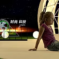 Young Girl Sitting On Floor In Fashion Tech Scene With Starry Sky And Geometric Structure
