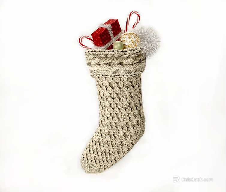 Beige Crocheted Christmas Stocking With Red Gift Box Candy Canes Gold Ball And White Pom Pom Ornament Decoration Set 3d model 