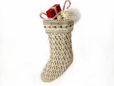 Beige Crocheted Christmas Stocking With Red Gift Box Candy Canes Gold Ball And White Pom Pom Ornament Decoration Set 3d model