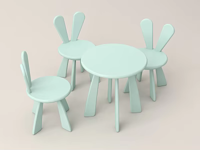 Light Green Round Kids Table With Cute Rabbit Ear Chairs For Children 3d model