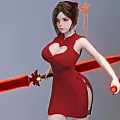 Game Movie Character In Red Qipao With Heart Shaped Neckline Holding Dual Swords