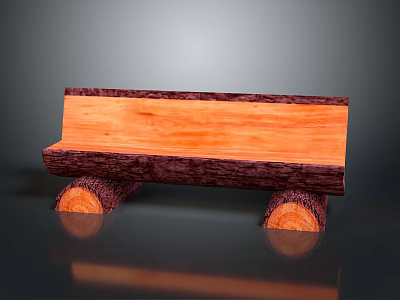 Natural Wooden Bench With Smooth Plank Top And Sturdy Log Legs On Gray Reflective Surface 3d model