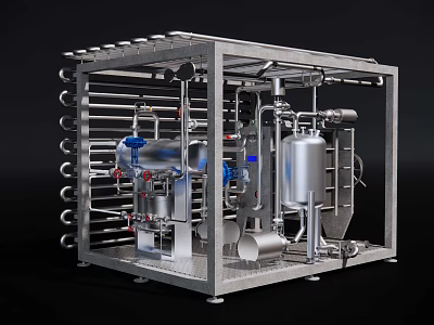 Industrial Processing Equipment with Metal Frame Structure Stainless Steel Tanks and Piping System 3d model