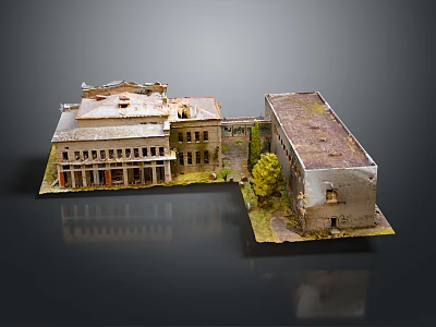 Vintage Architectural Model Featuring Historical Buildings With Detailed Roofs Windows And Small Tree 3d model