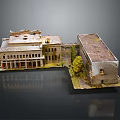 Vintage Architectural Model Featuring Historical Buildings With Detailed Roofs Windows And Small Tree