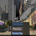 Vibrant Commercial Street Night View With Neon Signs Shops Pedestrians And Flower Decorations