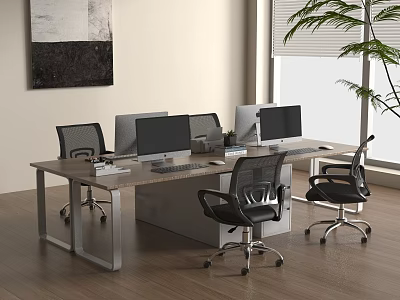 Modern Office Desk With Multiple Computer Monitors Black Office Chairs Wooden Floor And Potted Plant 3d model