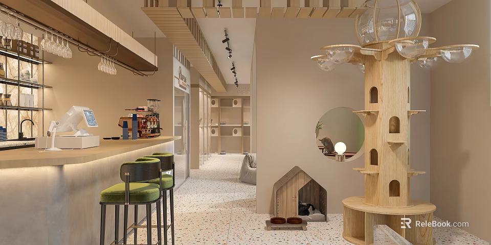 Mall Shop Interior Featuring Bar Counter Green Bar Stools Wooden Shelves Round Mirror Pendant Lights 3d model 
