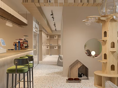 Mall Shop Interior Featuring Bar Counter Green Bar Stools Wooden Shelves Round Mirror Pendant Lights 3d model