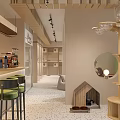 Mall Shop Interior Featuring Bar Counter Green Bar Stools Wooden Shelves Round Mirror Pendant Lights