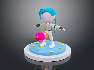 3D Character With Blue Hair White Outfit Holding Pink Yellow Ball And Yellow Blocks On Base 3d model