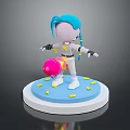 3D Character With Blue Hair White Outfit Holding Pink Yellow Ball And Yellow Blocks On Base